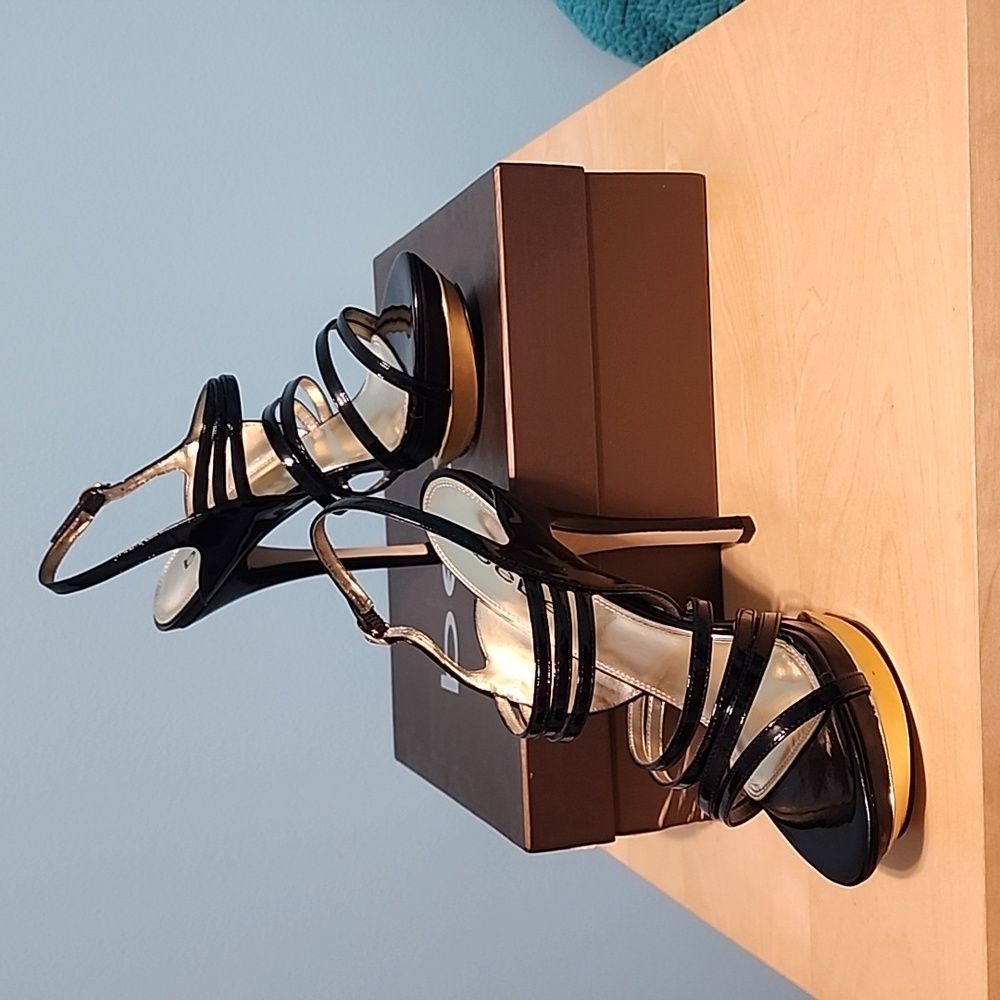 BEBE Baili black leather high heels sandals, Size 7.5M